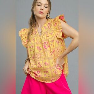 Umgee Printed Ruffle Cap Sleeve Blouse🆕